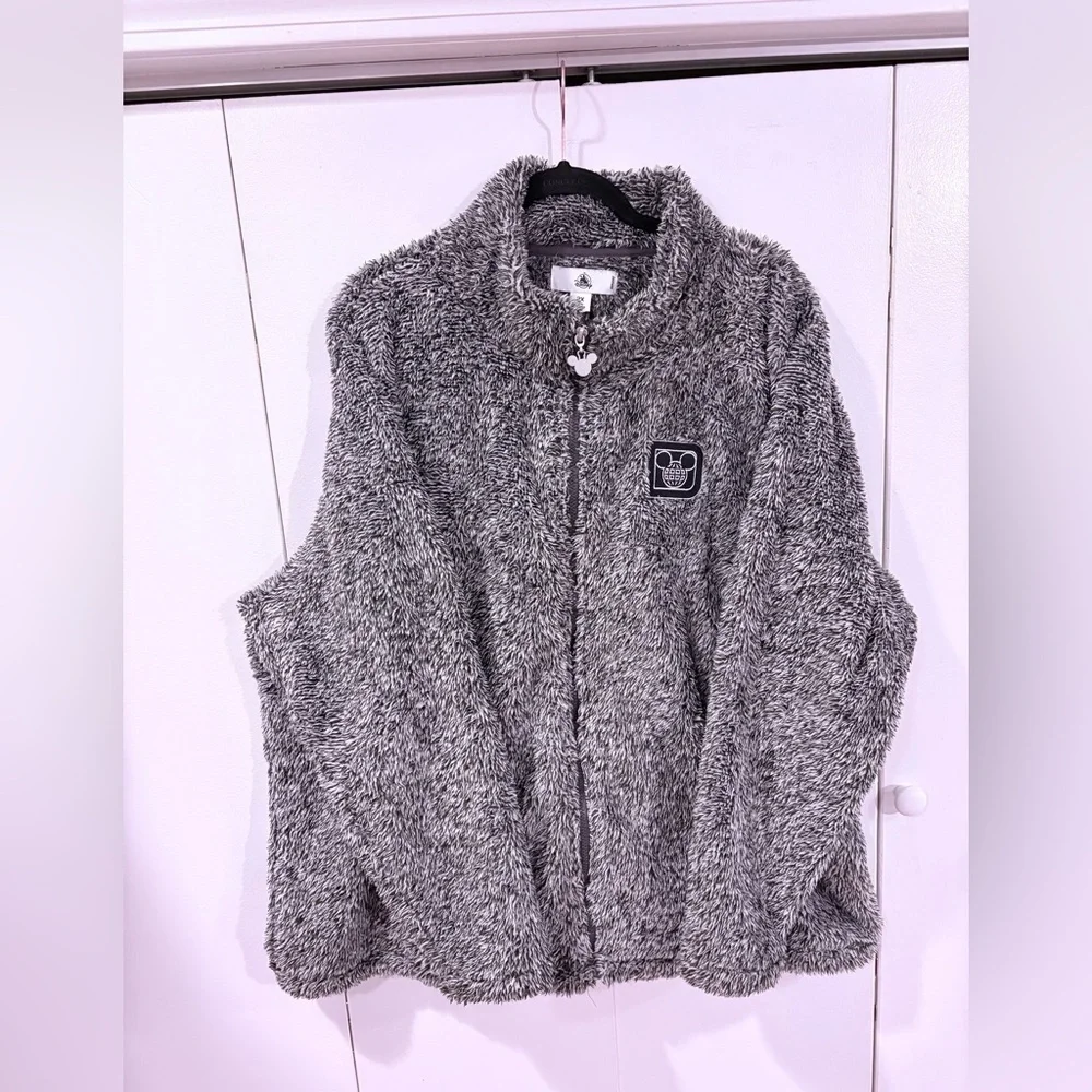Disney Parks gray sherpa fleece zip-up jacket with a Mickey Mouse icon Plus